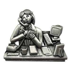JJ Office Secretary Desk Brooch Pewter Vintage Telephone Computer Pin Figurine